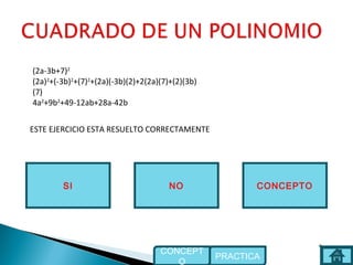 NOSI
ESTE EJERCICIO ESTA RESUELTO CORRECTAMENTE
CONCEPTO
PRACTICA
CONCEPT
O
(2a-3b+7)2
(2a)2
+(-3b)2
+(7)2
+(2a)(-3b)(2)+2(2a)(7)+(2)(3b)
(7)
4a2
+9b2
+49-12ab+28a-42b
 