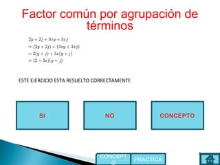 Factor común por agrupación de
términos
NOSI
ESTE EJERCICIO ESTA RESUELTO CORRECTAMENTE
CONCEPTO
PRACTICA
CONCEPT
O
 