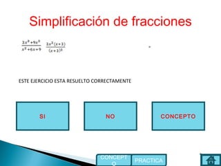 Simplificación de fracciones
NOSI
ESTE EJERCICIO ESTA RESUELTO CORRECTAMENTE
CONCEPTO
PRACTICA
CONCEPT
O
=
 