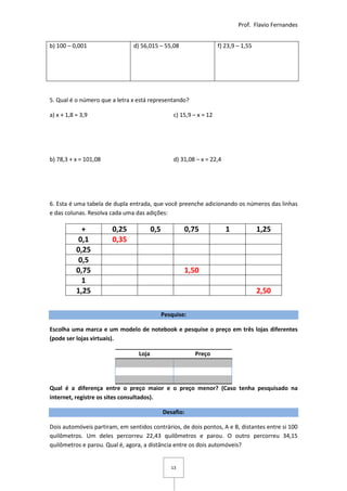 Prof. Flavio Fernandes


b) 100 – 0,001                  d) 56,015 – 55,08                     f) 23,9 – 1,55




5. Qual é o número que a letra x está representando?

a) x + 1,8 = 3,9                                   c) 15,9 – x = 12




b) 78,3 + x = 101,08                               d) 31,08 – x = 22,4




6. Esta é uma tabela de dupla entrada, que você preenche adicionando os números das linhas
e das colunas. Resolva cada uma das adições:

             +          0,25             0,5           0,75              1             1,25
            0,1         0,35
           0,25
            0,5
           0,75                                        1,50
             1
           1,25                                                                        2,50

                                               Pesquise:

Escolha uma marca e um modelo de notebook e pesquise o preço em três lojas diferentes
(pode ser lojas virtuais).

                                  Loja                     Preço




Qual é a diferença entre o preço maior e o preço menor? (Caso tenha pesquisado na
internet, registre os sites consultados).

                                               Desafio:

Dois automóveis partiram, em sentidos contrários, de dois pontos, A e B, distantes entre si 100
quilômetros. Um deles percorreu 22,43 quilômetros e parou. O outro percorreu 34,15
quilômetros e parou. Qual é, agora, a distância entre os dois automóveis?


                                                  13
 