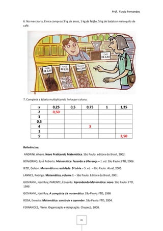Prof. Flavio Fernandes


6. Na mercearia, Elvira comprou 3 kg de arroz, 1 kg de feijão, 5 kg de batata e meio quilo de
café.




7. Complete a tabela multiplicando linha por coluna:

            x           0,25           0,5          0,75            1           1,25
            2           0,50
            3
           0,5
            4                                          3
            1
            5                                                                   2,50

Referências:

ANDRINI, Álvaro. Novo Praticando Matemática. São Paulo: editora do Brasil, 2002.

BONJORNO, José Roberto. Matemática: fazendo a diferença – 1. ed. São Paulo: FTD, 2006.

IEZZI, Gelson. Matemática e realidade: 5ª série – 5. ed. – São Paulo: Atual, 2005.

LANNES, Rodrigo. Matemática, volume 1 – São Paulo: Editora do Brasil, 2001.

GIOVANNI, José Ruy; PARENTE, Eduardo. Aprendendo Matemática: novo. São Paulo: FTD,
1999.

GIOVANNI, José Ruy. A conquista da matemática. São Paulo: FTD, 1998

ROSA, Ernesto. Matemática: construir e aprender. São Paulo: FTD, 2004.

FERNANDES, Flavio. Organização e Adaptação. Chapecó, 2008.



                                               15
 