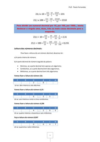 Prof. Flavio Fernandes


                            23,1 x 10 =             .   =           = 231

                         23,1 x 100 =           .       =           = 2310

   Para dividir um numeral decimal por 10, por 100, por 1000... basta
   deslocar a vírgula uma, duas, três ou mais casas decimais para a
                                           esquerda.

                         23,1 ÷ 10 =         ÷          =       .    = 2,31

                      23,1 ÷ 100 =          ÷           =       .     = 0,231

Leitura dos números decimais:

        Para fazer a leitura de um número decimal, devemos ler:

a) A parte inteira do número.

b) A parte decimal do número seguido da palavra:

    •   Décimos, se a parte decimal tem apenas um algarismo.
    •   Centésimos, se a parte decimal tem dois algarismos.
    •   Milésimos, se a parte decimal tem três algarismos

Vamos fazer a leitura do número 2,8.

   C          D           U            d            c       m
                           2     ,     8
Lê-se: dois inteiros e oito décimos

Vamos fazer a leitura do número 6,25:

   C          D            U             d      c           m
                            6      ,     2      5
Lê-se: seis inteiros e vinte e cinco centésimos

Vamos fazer a leitura do número 4,206

   C          D           U            d        c           m
                          4      ,     2        0           6
Lê-se: quatro inteiros e duzentos e seis milésimos

Faça a leitura do número 0,047

   C          D         U              d            c       m
                         0      ,      0            4       7
Lê-se: quarenta e sete milésimos.



                                                    3
 