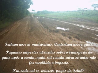 Fecham nossas madeireiras, Controlam nosso gado. Pagamos impostos absurdos sobre o transporte do gado após a venda, nada sai e nada entra se antes não for recolhido o imposto. Pra onde vai os recursos pagos do Fetab?  