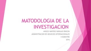 MATODOLOGIA DE LA
INVESTIGACION
ANGELY MAYERLY BARAJAS RINCON
ADMINISTRACION DE NEGOCIOS INTERNACIONALES
4 SEMESTRE
2016
 