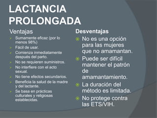 LACTANCIA
PROLONGADA
Ventajas                             Desventajas
   Sumamente eficaz (por lo          No es una opción
    menos 98%)
   Fácil de usar.                     para las mujeres
   Comienza inmediatamente            que no amamantan.
    después del parto.
                                      Puede ser difícil
   No se requieren suministros.
   No interfiere con el acto          mantener el patrón
    sexual.                            de
   No tiene efectos secundarios.      amamantamiento.
   Beneficia la salud de la madre
    y del lactante.                   La duración del
   Se basa en prácticas               método es limitada.
    culturales y religiosas
    establecidas.                     No protege contra
                                       las ETS/VIH.
 