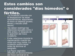 Estos cambios son
considerados "días húmedos" o
fértiles.
    La ovulación coincide con
    la desaparición de estas
    características, adquiriendo
    el moco un aspecto grueso,
    denso y viscoso (días
    secos).
   •Se deben restringir las
    relaciones sexuales entre 2
    días antes y 4 después de
    la aparición del moco
    ovulatorio.
   Evitar relaciones durante la
    menstruación cuando los
    ciclos son muy cortos. La
    ovulación podría darse
    antes de terminar el
    sangrado.
   Los flujos vaginales
    dificultan el reconocimiento
    del moco cervical en la
 