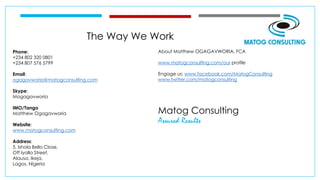 The Way We Work
Phone:
+234 802 320 0801
+234 807 576 5799
Email:
ogagavworia@matogconsulting.com
Skype:
Mogagavworia
IMO/Tango
Matthew Ogagavworia
Website:
www.matogconsulting.com
Address:
5, Ishola Bello Close,
Off Iyalla Street,
Alausa, Ikeja,
Lagos, Nigeria
About Matthew OGAGAVWORIA, FCA
www.matogconsulting.com/our profile
Engage us: www.facebook.com/MatogConsulting
www.twitter.com/matogconsulting
Matog Consulting
Assured Results
 