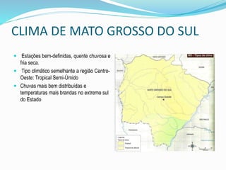 CLIMA DE MATO GROSSO DO SUL 
 Estações bem-definidas, quente chuvosa e 
fria seca. 
 Tipo climático semelhante a região Centro- 
Oeste: Tropical Semi-Úmido 
 Chuvas mais bem distribuídas e 
temperaturas mais brandas no extremo sul 
do Estado 
 