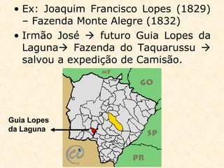 • Ex: Joaquim Francisco Lopes (1829)
– Fazenda Monte Alegre (1832)
• Irmão José  futuro Guia Lopes da
Laguna Fazenda do Taquarussu 
salvou a expedição de Camisão.
Guia Lopes
da Laguna
 