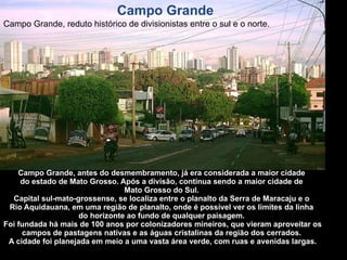Campo Grande, antes do desmembramento, já era considerada a maior cidade  do estado de Mato Grosso. Após a divisão, continua sendo a maior cidade de  Mato Grosso do Sul.  Capital sul-mato-grossense, se localiza entre o planalto da Serra de Maracaju e o  Rio Aquidauana, em uma região de planalto, onde é possível ver os limites da linha  do horizonte ao fundo de qualquer paisagem.  Foi fundada há mais de 100 anos por colonizadores mineiros, que vieram aproveitar os campos de pastagens nativas e as águas cristalinas da região dos cerrados.  A cidade foi planejada em meio a uma vasta área verde, com ruas e avenidas largas. Campo Grande Campo Grande, reduto histórico de divisionistas entre o sul e o norte. 