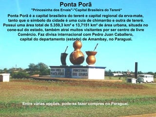 Entre várias opções, pode-se fazer compras no Paraguai.  Ponta Porã  "Princesinha dos Ervais"-"Capital Brasileira do Tereré“ Ponta Porã é a capital brasileira do tereré e capital regional da erva-mate,  tanto que o símbolo da cidade é uma cuia de chimarrão e outra de tereré. Possui uma área total de 5.359,3 km² e 13,7151 km² de área urbana, situada no  cone-sul do estado, também atrai muitos visitantes por ser centro de livre  Comércio. Faz divisa internacional com Pedro Juan Caballero,  capital do departamento (estado) de Amambay, no Paraguai. 