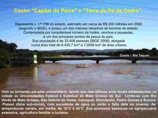 Coxim – Rio Taquari Coxim "Capital do Peixe" e "Terra do Pé de Cedro".  Representa o 17º PIB do estado, estimado em cerca de R$ 300 milhões em 2006  (segundo o IBGE), e possui um dos maiores rebanhos de bovinos do estado.  Contemplada por considerável número de hotéis, ranchos e pousadas,  é um dos principais pontos de pesca do país.  Sua população é de 33.408 pessoas [IBGE 2006]; abrigada  numa área total de 6.430,7 km² e 7,0558 km² de área urbana. Vem se tornando um pólo universitário, sendo que nos últimos anos foram estabelecidas na cidade as Universidades Federal e Estadual de Mato Grosso do Sul.  Limita-se com Rio Verde de Mato Grosso, São Gabriel do Oeste, Camapuã, Alcinópolis, Pedro Gomes e Sonora.  Possui clima sub-úmido, com excedente de água no verão e falta dela no inverno. As temperaturas variam, em média, de 16°C à 45°C. Sua economia baseia-se na agropecuária extensiva, agricultura familiar e turismo.  