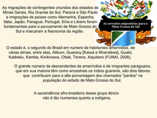 As correntes migratórias para o  Mato Grosso do Sul As migrações de contingentes oriundos dos estados de Minas Gerais, Rio Grande do Sul, Paraná e São Paulo e imigrações de países como Alemanha, Espanha, Itália, Japão, Paraguai, Portugal, Síria e Líbano foram fundamentais para o povoamento de Mato Grosso do Sul e marcaram a fisionomia da região.  O grande número de descendentes de ameríndios e de imigrantes paraguaios, que em sua maioria têm como ancestrais os índios guaranis, são dois fatores que  contribuem para a alta porcentagem dos chamados "pardos" na população do estado de Mato Grosso do Sul.  O estado é, o segundo do Brasil em número de habitantes ameríndios, de várias etnias, entre elas, Atikum, Guarany [Kaiwá e Nhandéwa], Guató, Kadiwéu, Kamba, Kinikinawa, Ofaié, Terena, Xiquitano (FUNAI, 2008).  A ascendência afro-brasileira desse grupo étnico  não é tão numerosa quanto a indígena. 