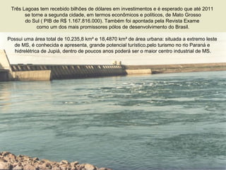 Três Lagoas tem recebido bilhões de dólares em investimentos e é esperado que até 2011
se torne a segunda cidade, em termos econômicos e políticos, de Mato Grosso
do Sul ( PIB de R$ 1.167.816.000). Também foi apontada pela Revista Exame
como um dos mais promissores pólos de desenvolvimento do Brasil.
Possui uma área total de 10.235,8 km² e 18,4870 km² de área urbana: situada a extremo leste
de MS, é conhecida e apresenta, grande potencial turístico.pelo turismo no rio Paraná e
hidrelétrica de Jupiá, dentro de poucos anos poderá ser o maior centro industrial de MS.
 