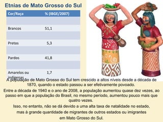 Etnias de Mato Grosso do Sul
Cor/Raça % (IBGE/2007)
Brancos 51,1
Pretos 5,3
Pardos 41,8
Amarelos ou
indígenas
1,7
A população de Mato Grosso do Sul tem crescido a altos níveis desde a década de
1870, quando o estado passou a ser efetivamente povoado.
Entre a década de 1940 e o ano de 2008, a população aumentou quase dez vezes, ao
passo em que a população do Brasil, no mesmo período, aumentou pouco mais que
quatro vezes.
Isso, no entanto, não se dá devido a uma alta taxa de natalidade no estado,
mas à grande quantidade de migrantes de outros estados ou imigrantes
em Mato Grosso do Sul.
 