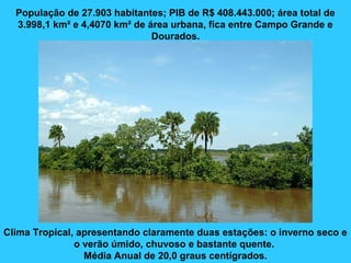 População de 27.903 habitantes; PIB de R$ 408.443.000; área total de
3.998,1 km² e 4,4070 km² de área urbana, fica entre Campo Grande e
Dourados.
Clima Tropical, apresentando claramente duas estações: o inverno seco e
o verão úmido, chuvoso e bastante quente.
Média Anual de 20,0 graus centígrados.
 