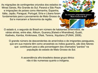 As correntes migratórias para o
Mato Grosso do Sul
As migrações de contingentes oriundos dos estados de
Minas Gerais, Rio Grande do Sul, Paraná e São Paulo
e imigrações de países como Alemanha, Espanha,
Itália, Japão, Paraguai, Portugal, Síria e Líbano foram
fundamentais para o povoamento de Mato Grosso do
Sul e marcaram a fisionomia da região.
O grande número de descendentes de ameríndios e de imigrantes paraguaios,
que em sua maioria têm como ancestrais os índios guaranis, são dois fatores
que contribuem para a alta porcentagem dos chamados "pardos" na
população do estado de Mato Grosso do Sul.
O estado é, o segundo do Brasil em número de habitantes ameríndios, de
várias etnias, entre elas, Atikum, Guarany [Kaiwá e Nhandéwa], Guató,
Kadiwéu, Kamba, Kinikinawa, Ofaié, Terena, Xiquitano (FUNAI, 2008).
A ascendência afro-brasileira desse grupo étnico
não é tão numerosa quanto a indígena.
 
