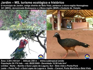 Jardim – MS, turismo ecológico e histórico
O município de Jardim, antigo distrito de Bela Vista, pertence a micro-região Homogênea
341 (MRG), denominada Bodoquena e à Meso-região (MSR) a Sudeste do Estado.
Área: 2.201,725 km² - Altitude 259 m - Clima subtropical úmido
População 24.174 hab. – est. IBGE/2009 - Densidade 10,58 hab./km²
Limites : Norte – Bonito e Guia Lopes da Laguna, Sul – Bela vista e Ponta Porã
Leste – Ponta Porã e Guia Lopes da Laguna e Oeste – Caracol, Porto Murtinho e Bela Vista
 
