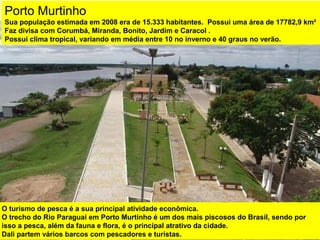 O turismo de pesca é a sua principal atividade econômica.
O trecho do Rio Paraguai em Porto Murtinho é um dos mais piscosos do Brasil, sendo por
isso a pesca, além da fauna e flora, é o principal atrativo da cidade.
Dali partem vários barcos com pescadores e turistas.
Porto Murtinho
Sua população estimada em 2008 era de 15.333 habitantes. Possui uma área de 17782,9 km²
Faz divisa com Corumbá, Miranda, Bonito, Jardim e Caracol .
Possui clima tropical, variando em média entre 10 no inverno e 40 graus no verão.
 