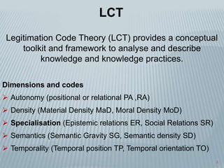 3
Legitimation Code Theory (LCT) provides a conceptual
toolkit and framework to analyse and describe
knowledge and knowled...