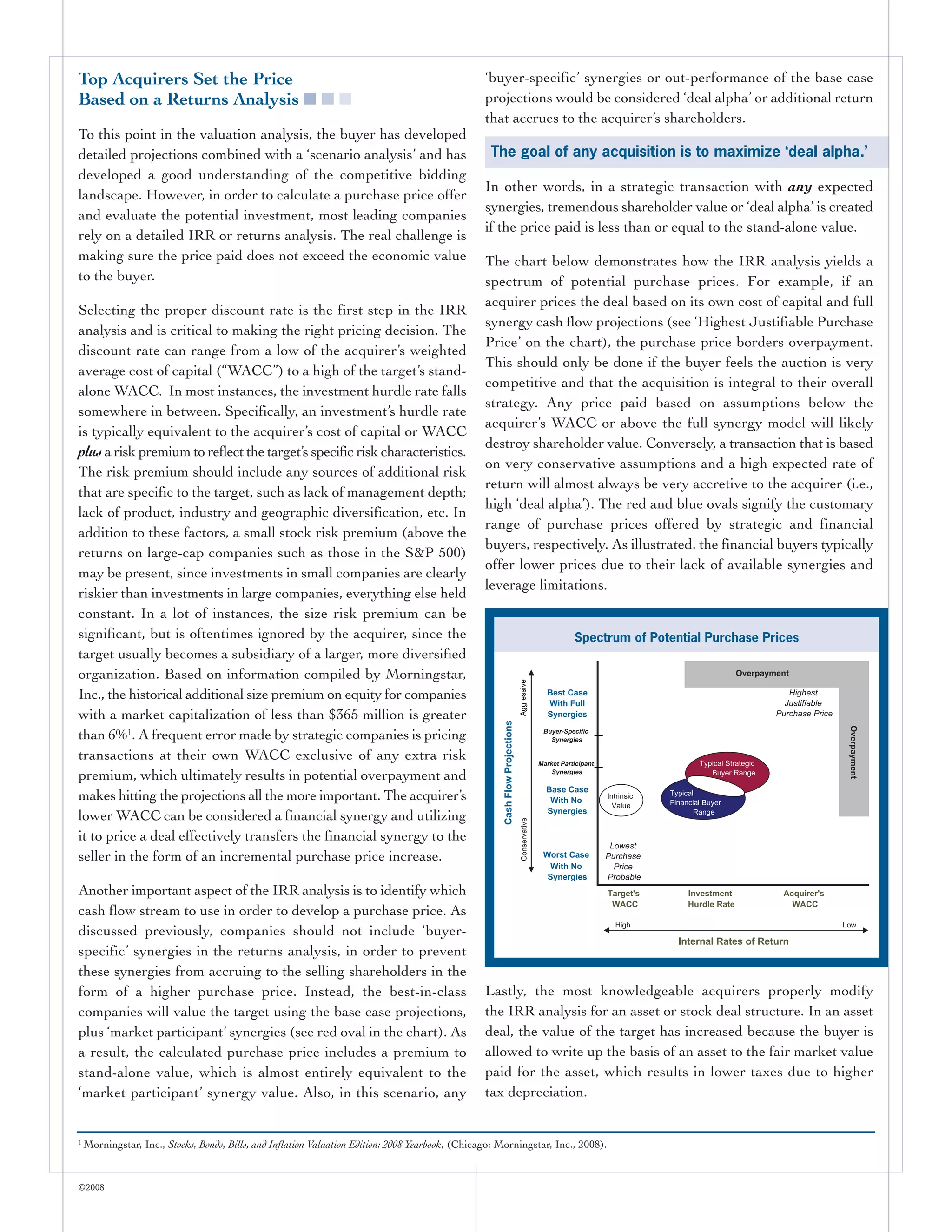 Top Acquirers Set the Price                                                                        ‘buyer-specific’ synergies or out-performance of the base case
Based on a Returns Analysis ■ ■ ■                                                                  projections would be considered ‘deal alpha’ or additional return
                                                                                                   that accrues to the acquirer’s shareholders.
To this point in the valuation analysis, the buyer has developed
detailed projections combined with a ‘scenario analysis’ and has                                    The goal of any acquisition is to maximize ‘deal alpha.’
developed a good understanding of the competitive bidding
                                                                                                   In other words, in a strategic transaction with any expected
landscape. However, in order to calculate a purchase price offer
                                                                                                   synergies, tremendous shareholder value or ‘deal alpha’ is created
and evaluate the potential investment, most leading companies
                                                                                                   if the price paid is less than or equal to the stand-alone value.
rely on a detailed IRR or returns analysis. The real challenge is
making sure the price paid does not exceed the economic value                                      The chart below demonstrates how the IRR analysis yields a
to the buyer.                                                                                      spectrum of potential purchase prices. For example, if an
                                                                                                   acquirer prices the deal based on its own cost of capital and full
Selecting the proper discount rate is the first step in the IRR
                                                                                                   synergy cash flow projections (see ‘Highest Justifiable Purchase
analysis and is critical to making the right pricing decision. The
                                                                                                   Price’ on the chart), the purchase price borders overpayment.
discount rate can range from a low of the acquirer’s weighted
                                                                                                   This should only be done if the buyer feels the auction is very
average cost of capital (“WACC”) to a high of the target’s stand-
                                                                                                   competitive and that the acquisition is integral to their overall
alone WACC. In most instances, the investment hurdle rate falls
                                                                                                   strategy. Any price paid based on assumptions below the
somewhere in between. Specifically, an investment’s hurdle rate
                                                                                                   acquirer’s WACC or above the full synergy model will likely
is typically equivalent to the acquirer’s cost of capital or WACC
                                                                                                   destroy shareholder value. Conversely, a transaction that is based
plus a risk premium to reflect the target’s specific risk characteristics.
                                                                                                   on very conservative assumptions and a high expected rate of
The risk premium should include any sources of additional risk
                                                                                                   return will almost always be very accretive to the acquirer (i.e.,
that are specific to the target, such as lack of management depth;
                                                                                                   high ‘deal alpha’). The red and blue ovals signify the customary
lack of product, industry and geographic diversification, etc. In
                                                                                                   range of purchase prices offered by strategic and financial
addition to these factors, a small stock risk premium (above the
                                                                                                   buyers, respectively. As illustrated, the financial buyers typically
returns on large-cap companies such as those in the S&P 500)
                                                                                                   offer lower prices due to their lack of available synergies and
may be present, since investments in small companies are clearly
                                                                                                   leverage limitations.
riskier than investments in large companies, everything else held
constant. In a lot of instances, the size risk premium can be
significant, but is oftentimes ignored by the acquirer, since the                                                       Spectrum of Potential Purchase Prices
target usually becomes a subsidiary of a larger, more diversified
organization. Based on information compiled by Morningstar,
Inc., the historical additional size premium on equity for companies
with a market capitalization of less than $365 million is greater
than 6%1. A frequent error made by strategic companies is pricing
transactions at their own WACC exclusive of any extra risk
premium, which ultimately results in potential overpayment and
makes hitting the projections all the more important. The acquirer’s
lower WACC can be considered a financial synergy and utilizing
it to price a deal effectively transfers the financial synergy to the
seller in the form of an incremental purchase price increase.

Another important aspect of the IRR analysis is to identify which
cash flow stream to use in order to develop a purchase price. As
discussed previously, companies should not include ‘buyer-
specific’ synergies in the returns analysis, in order to prevent
these synergies from accruing to the selling shareholders in the
form of a higher purchase price. Instead, the best-in-class                                        Lastly, the most knowledgeable acquirers properly modify
companies will value the target using the base case projections,                                   the IRR analysis for an asset or stock deal structure. In an asset
plus ‘market participant’ synergies (see red oval in the chart). As                                deal, the value of the target has increased because the buyer is
a result, the calculated purchase price includes a premium to                                      allowed to write up the basis of an asset to the fair market value
stand-alone value, which is almost entirely equivalent to the                                      paid for the asset, which results in lower taxes due to higher
‘market participant’ synergy value. Also, in this scenario, any                                    tax depreciation.


1   Morningstar, Inc., Stocks, Bonds, Bills, and Inflation Valuation Edition: 2008 Yearbook, (Chicago: Morningstar, Inc., 2008).


©2008
 