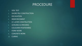 PROCEDURE
1. SOIL TEST
2. SHORE PILE CONSTRUCTION
3. EXCAVATION
4. REINFORCEMENT
5. CC LAYER CONSTRUCTION
6. LEVELING & DRESSING
7. COLOUMN POSITIONING
8. FORM WORK
9. CONCRETE WORK
10. CURING
 