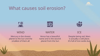 What causes soil erosion?
WIND
Mercury is the closest
planet to the Sun and the
smallest of them all
WATER
Venus has a beautiful
name and is the second
planet from the Sun
ICE
Despite being red, Mars
is actually a cold place.
It’s full of iron oxide dust
 