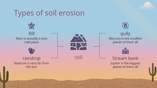 Types of soil erosion
Rill
Mars is actually a very
cold place
raindrop
Neptune is very far from
the Sun
gully
Mercury is the smallest
planet of them all
Stream bank
Jupiter is the biggest
planet of them all
soil
 