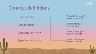 Connect definitions
Soil erosion
Stream bank
Crop rotation
Strip farming
Venus is the second
planet from the Sun
Mars is actually a
very cold place
Saturn is a gas giant
with several rings
Jupiter is the biggest
planet of them all
 