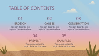You can describe the
topic of the section here
EROSION
01
TABLE OF CONTENTS
CAUSES
02
You can describe the
topic of the section here
CONSERVATION
03
You can describe the
topic of the section here
PREVENT
04
You can describe the
topic of the section here
EXAMPLES
05
You can describe the
topic of the section here
 