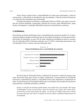 1242                                                                                             Fernanda Matos • Reinaldo Dias


          Outros fatores citados foram a disponibilidade de tempo para participação, a falta de
   comunicação, a dificuldade de atendimento das necessidades, a falta de recursos financeiros
   e os interesses dos municípios não consorciados.
          Os dados da pesquisa corroboram a explanação de Barros (1995), para quem a associa-
   ção das variáveis legislação, organização, captação de recursos, apoio administrativo, apoio
   técnico e divulgação é a principal dificuldade estrutural e funcional dos consórcios.


       5. Facilitadores

       Com relação aos fatores facilitadores para a consolidação dos consórcios (gráfico 5), os repre-
       sentantes públicos também escolheram mais de uma opção na listagem. A cooperação munici-
       pal recebeu 30 indicações, ou seja, 34% do total; seguida por facilidade de acesso a recursos,
       com 21 indicações (24%); liderança unificada, com 17 (19%); atualização permanente, com
       13 indicações (15%); e outros, com sete indicações (8%).

                                                             Gráfico 5
                            Fatores facilitadores para a consolidação do consórcio


                           Cooperação entre municípios                                                     30

                        Facilidade de acesso a recursos                                     21

                                     Liderança unificada                            17

                                Atualização permanente                        13

                                                    Outros         7



                   Fonte: Elaboração dos autores.



         Os outros fatores destacados foram a unificação de interesses e objetivos comuns, bem
   como uma maior força para acessar os órgãos competentes. O representante de Felixlândia
   acrescenta a capacidade de gestão e a capacidade técnica para diagnóstico e implantação de
   ações. O representante de Caetanópolis aponta que os municípios consorciados devem possuir
   características e realidades parecidas, e justifica:

             porque se você põe um município grande demais, uma cidade como, por exemplo, Sete Lagoas
             e Caetanópolis, ela não vai querer ficar e fazer um consórcio com a gente. Ela é muito maior,
             ela está mais no nível mais próximo da capital... aí teria que ser cidades todas mais ou menos
             do mesmo nível para que haja ali a captação de recursos, ideais e realidades (Representante de
             Caetanópolis).


                                                                 Rev. Adm. Pública — Rio de Janeiro 46(5):1225-250, set./out. 2012
 