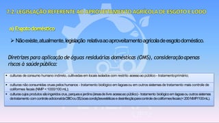 ▪ culturas de consumo humano indireto, cultivadasem locais isolados com restrito acessoao público - tratamentoprimário;
▪ culturas nãoconsumidas cruas peloshumanos - tratamento biológico em lagoasou em outros sistemasde tratamento mais controle de
coliformes fecais (NMP <1000/100 mL);
▪ culturascujosprodutossãoingeridoscrus,parquesejardins(áreasdelivre acessoaopúblico)- tratamento biológicoemlagoasou outrossistemas
detratamento comcontroleadicionaldaDBOouSS,boascondiçõesestéticasedesinfecçãoparacontroledecoliformesfecais(<200NMP/100mL).
a) Esgotodoméstico
➢ Nãoexiste,atualmente,legislação relativaaoaproveitamentoagrícoladeesgotodoméstico.
Diretrizes para aplicação de águas residuárias domésticas (OMS), consideraçãoapenas
riscos à saúdepública:
 