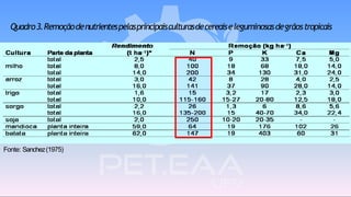 Quadro3.Remoçãodenutrientespelasprincipaisculturasdecereaiseleguminosasdegrãostropicais
Fonte: Sanchez(1975)
 