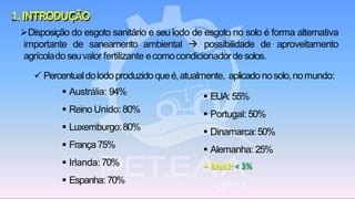 1.INTRODUÇÃO
➢Disposição do esgoto sanitário e seu lodo de esgoto no solo é forma alternativa
importante de saneamento ambiental → possibilidade de aproveitamento
agrícoladoseuvalor fertilizante ecomocondicionadordesolos.
✓ Percentualdolodoproduzidoqueé,atualmente, aplicado nosolo,nomundo:
▪ Austrália: 94%
▪ Reino Unido:80%
▪ Luxemburgo:80%
▪ França75%
▪ Irlanda: 70%
▪ Espanha: 70%
▪ EUA:55%
▪ Portugal: 50%
▪ Dinamarca:50%
▪ Alemanha: 25%
▪ Brasil: <3%
 