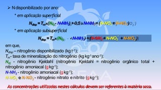 ➢ Ndisponibilizado por ano:
* em aplicação superficial
- -
Ndisp =Tmx(NKj- N-NH3) +0,5 xN-NH3 +(N-NO3+N-NO2 )
* em aplicação subsuperficial
Ndisp =Tmx(NKj
- -
(N-NO3 +N-NO2 )
em que,
Ndisp – nitrogênio disponibilizado (kg t-1);
Tm- taxa de mineralização do nitrogênio (kg kg-1ano-1);
NKj - nitrogênio Kjeldahl (nitrogênio Kjeldahl = nitrogênio orgânico total +
nitrogênio amoniacal (gkg-1);
N-NH3 - nitrogênio amoniacal (gkg-1);
3 2N-NO - e N-NO - - nitrogênio nitrato e nitrito (gkg-1);
As concentrações utilizadas nestes cálculos devemser referentesà matériaseca.
-
- N-NH3) +(N-NH3+N-NO3
-
+N-NO2 )
 