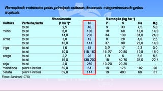 Remoçãodenutrientes pelasprincipaisculturas decereais eleguminosasdegrãos
tropicais
Fonte: Sanchez(1975)
 