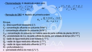 sA
C m s × P r d
=
( C 0 - C ) × Q
Emque,
As - área superficial necessária (L2);
C0 - concentração afluente do poluente (MM-1);
C- concentração efluente do poluente (M M-1);
Cms - concentração do poluente na matéria seca da parte colhida da planta (M M-1);
Prd - produtividade de m.s.da parte colhida da planta, por unidadedetempo(M L-2T-1);
Q - vazão de águaresiduária aser tratada (L3 T-1);
Qa - vazão de água residuária afluente (L3T-1);
Qe - vazão de água residuária efluente (L3T-1);
Kt – profundidade (L);
ε - porosidade efetiva do meio (L3 L-3).
- Fitorremediação → Modelode ordem zero
sA
C m s × P rd
=
( C 0 × Q a - C × Q e )
ou
- Remoçãode DBO→ Modelo de primeiraordem
As
KT × p × ε
=
Q × (ln C o - l n C )
 