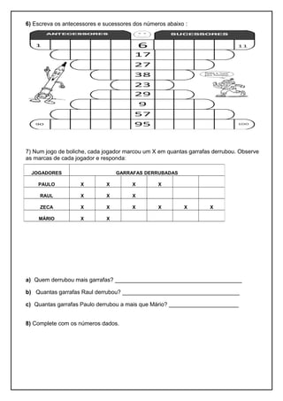 6) Escreva os antecessores e sucessores dos números abaixo : 
7) Num jogo de boliche, cada jogador marcou um X em quantas garrafas derrubou. Observe 
as marcas de cada jogador e responda: 
JOGADORES GARRAFAS DERRUBADAS 
PAULO X X X X 
RAUL X X X 
ZECA X X X X X X 
MÁRIO X X 
a) Quem derrubou mais garrafas? ________________________________________ 
b) Quantas garrafas Raul derrubou? _____________________________________ 
c) Quantas garrafas Paulo derrubou a mais que Mário? ______________________ 
8) Complete com os números dados. 
 