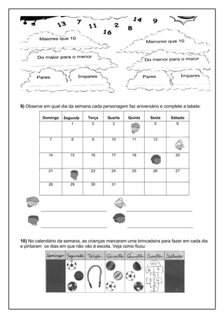 9) Observe em qual dia da semana cada personagem faz aniversário e complete a tabela: 
Domingo Segunda Terça Quarta Quinta Sexta Sábado 
1 2 3 5 6 
7 8 9 10 11 12 
14 15 16 17 18 20 
21 23 24 25 26 27 
28 29 30 31 
___________________________________ ___________________________________ 
___________________________________ ___________________________________ 
10) No calendário da semana, as crianças marcaram uma brincadeira para fazer em cada dia 
e pintaram os dias em que não vão à escola. Veja como ficou: 
 