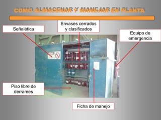 Señalética
Piso libre de
derrames
Ficha de manejo
Envases cerrados
y clasificados
Equipo de
emergencia
COMO ALMACENAR Y MANEJAR EN PLANTA
 