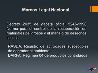 Marcos Legal Nacional 
Decreto 2635 de gaceta oficial 5245-1998 
Norma para el control de la recuperación de 
materiales peligrosos y el manejo de desechos 
solidos 
RASDA. Registro de actividades susceptibles 
de degradar el ambiente. 
DARFA. Régimen 04 de productos controlados 
 