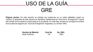 USO DE LA GUÍA
GRE
Páginas Azules: En esta sección se enlistan las sustancias en un orden alfabético según su
nombre. El propósito de esta sección es identificar rápidamente la “Guía de la Emergencia” a partir
del nombre de la sustancia involucrada en el accidente. En esta lista, primero se consigna el nombre
de la sustancia seguido por “Guía de Emergencia” asignada y su número ONU.
Nombre de Material Guía No No. ONU
Ácido Sulfúrico 137 1830
 