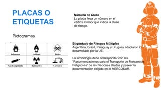 Número de Clase
La placa lleva un número en el
vértice inferior que indica la clase
de riesgo.
PLACAS O
ETIQUETAS
Pictogramas
Etiquetado de Riesgos Múltiples
Argentina, Brasil, Paraguay y Uruguay adoptaron lo
desarrollado por la UE.
La simbología debe corresponder con las
“Recomendaciones para el Transporte de Mercancías
Peligrosas” de las Naciones Unidas y poseer la
documentación exigida en el MERCOSUR.
 