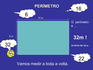PERÍMETRO 6 m 10 m O  perímetro é … 32m ! 6 16 22 32 6+10+6+10= 32 m Vamos medir a toda a volta. 
