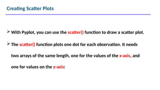 Creating Scatter Plots
 With Pyplot, you can use the scatter() function to draw a scatter plot.
 The scatter() function plots one dot for each observation. It needs
two arrays of the same length, one for the values of the x-axis, and
one for values on the y-axis:
 