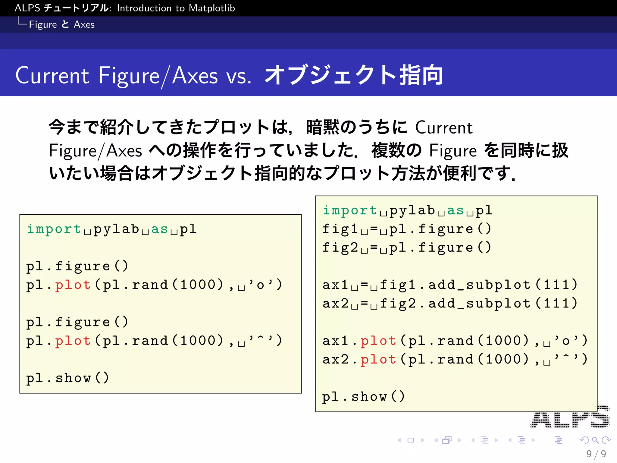ALPS チュートリアル: Introduction to Matplotlib 
Figure とAxes 
Current Figure/Axes vs. オブジェクト指向 
今まで紹介してきたプロットは，暗黙のうちにCurrent 
Figure/Axes への操作を行っていました．複数のFigure を同時に扱 
いたい場合はオブジェクト指向的なプロット方法が便利です． 
import pylab as pl 
pl.figure() 
pl.plot(pl.rand(1000), 'o') 
pl.figure() 
pl.plot(pl.rand(1000), '^') 
pl.show() 
import pylab as pl 
fig1 = pl.figure() 
fig2 = pl.figure() 
ax1 = fig1.add_subplot(111) 
ax2 = fig2.add_subplot(111) 
ax1.plot(pl.rand(1000), 'o') 
ax2.plot(pl.rand(1000), '^') 
pl.show() 
9 / 9 
