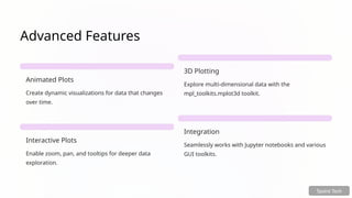 Advanced Features
Animated Plots
Create dynamic visualizations for data that changes
over time.
3D Plotting
Explore multi-dimensional data with the
mpl_toolkits.mplot3d toolkit.
Interactive Plots
Enable zoom, pan, and tooltips for deeper data
exploration.
Integration
Seamlessly works with Jupyter notebooks and various
GUI toolkits.
Tpoint Tech
 