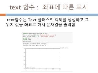 text 함수 : 좌표에 따른 표시
text함수는 Text 클래스의 객체를 생성하고 그
위치 값을 좌표로 해서 문자열을 출력함
 