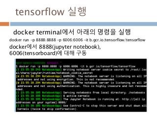 tensorflow 실행
docker terminal에서 아래의 명령을 실행
docker run -p 8888:8888 -p 6006:6006 -it b.gcr.io/tensorflow/tensorflow
docker에서 8888(jupyter notebook),
6006(tensorboard)에 대해 구동
 