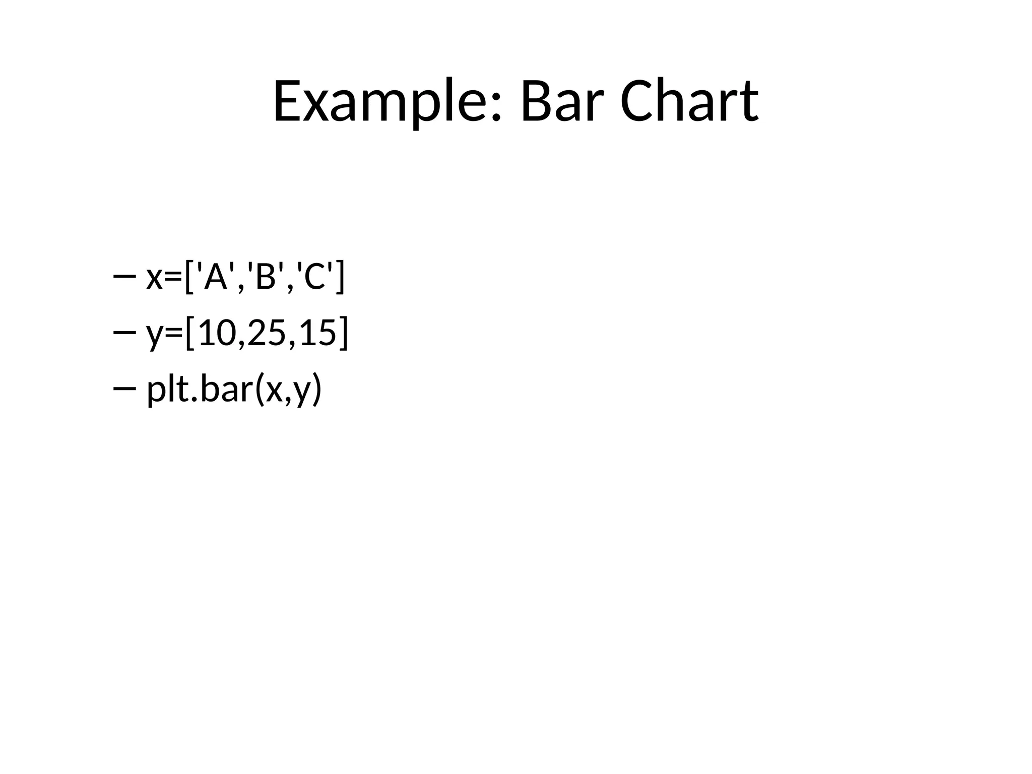 Example: Bar Chart
– x=['A','B','C']
– y=[10,25,15]
– plt.bar(x,y)
 